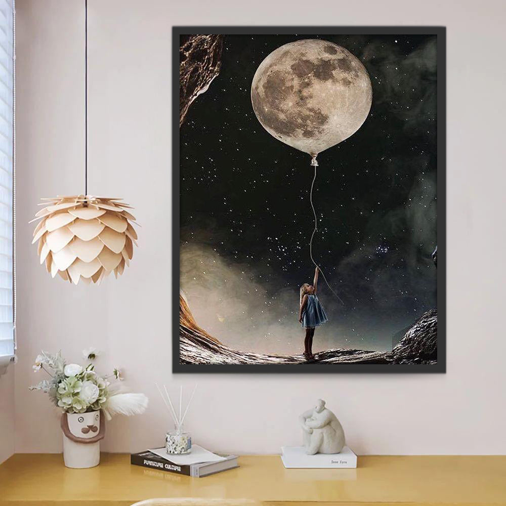 Niña con Globo de la Luna en la Mano Pintar por Números