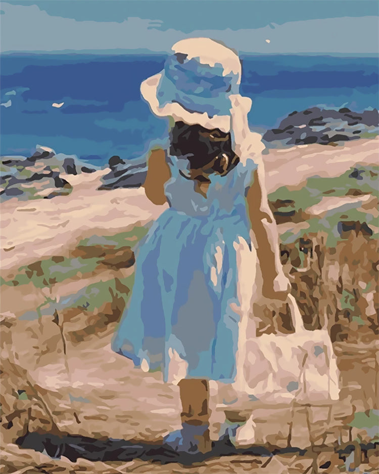 Niña con Sombrero Mirando el Mar Pintar por Números Niños