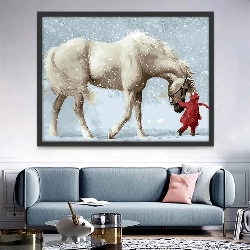 Niña de Ropa Roja y Caballo Blanco en Nieve Pintar por Números