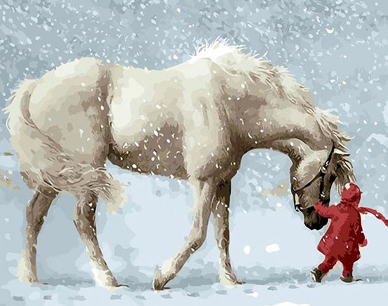 Niña de Ropa Roja y Caballo Blanco en Nieve Pintar por Números