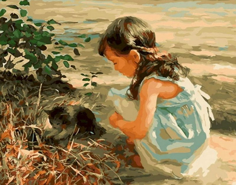 Niña Mirando un Gatito sobre la Arena Pintar por Números Niños