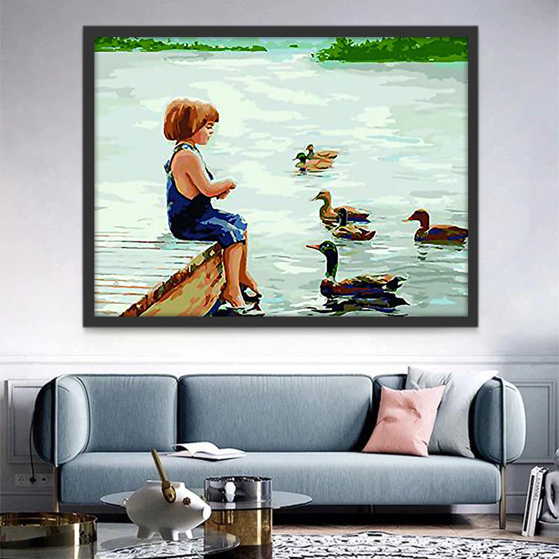 Niña sobre Puente Mirando los Patos en el Lago Pintar por Números Niños