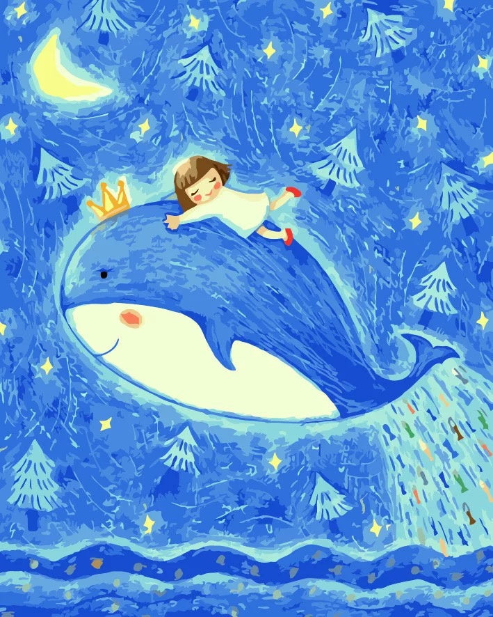 Niña y Ballena en la Noche con Luna Pintar por Números