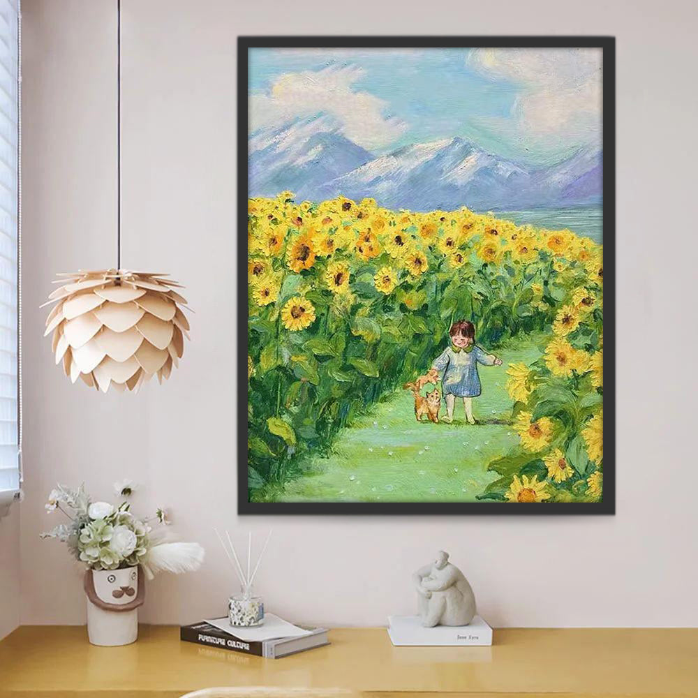 Niña y Gatito en el Sendero entre Campo de Girasol Pintar por Números