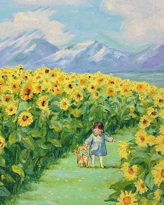 Niña y Gatito en el Sendero entre Campo de Girasol Pintar por Números