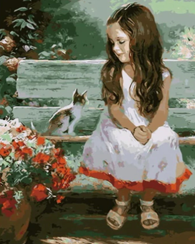 Niña y Gatito sobre Banco de Madera Pintar por Números Niños
