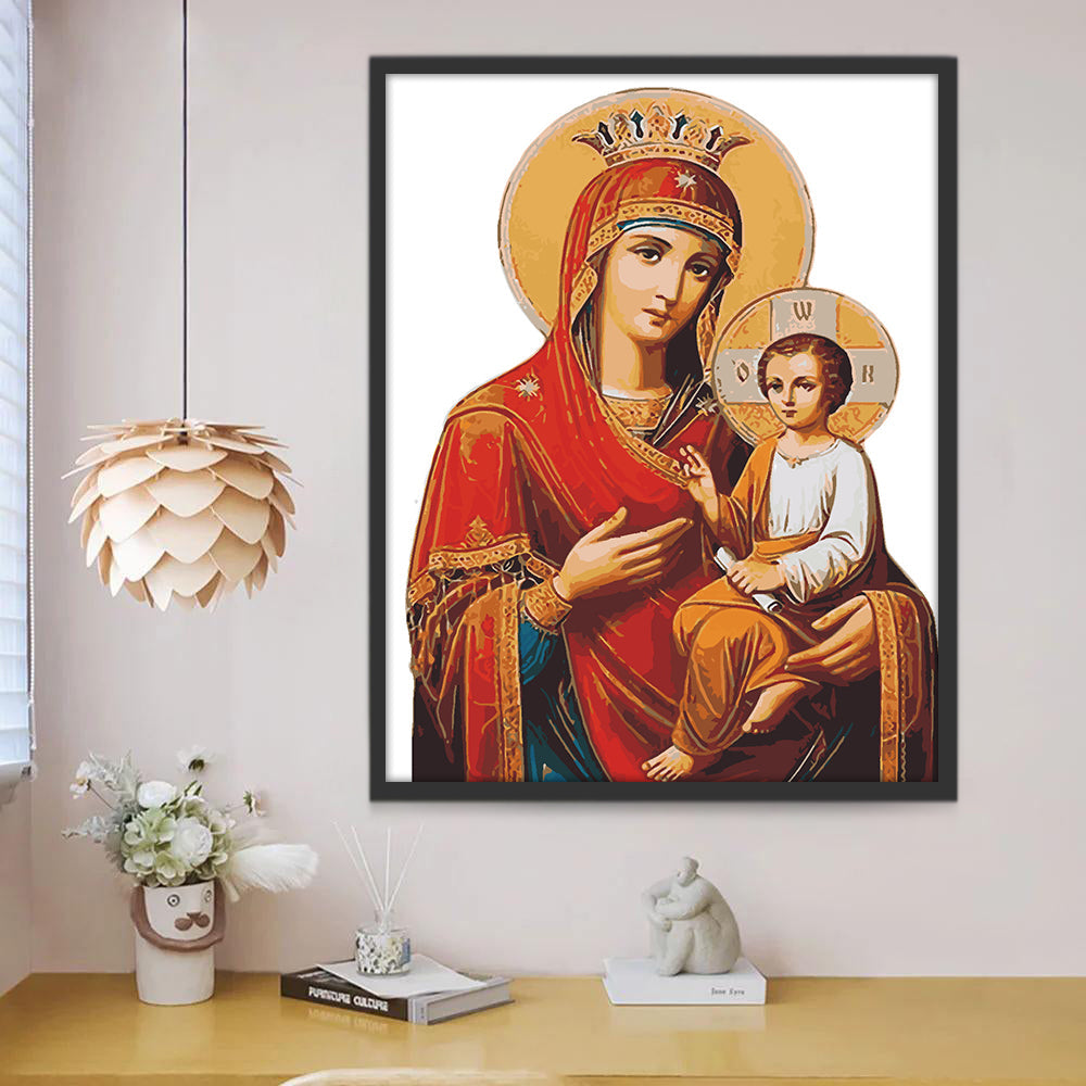 Niño Jesús y Santa María con Corona Dorada Pintar por Números