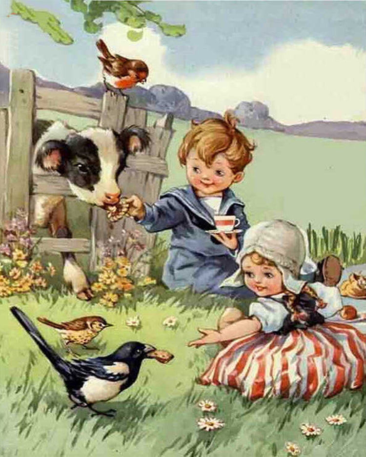 Niño y Niña en la Granja con Pajaritos Pintar por Números Niños