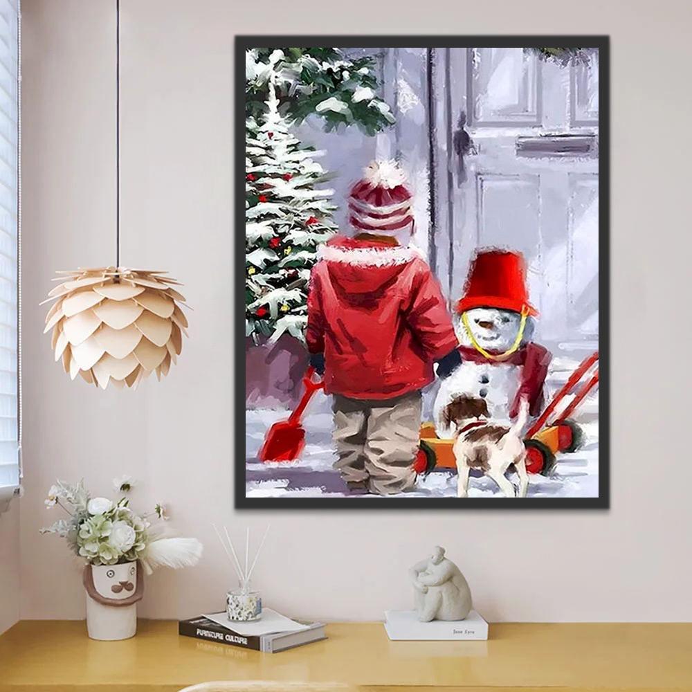 Niño y Perrito Mirando Muñeco de Nieve Pintar por Números
