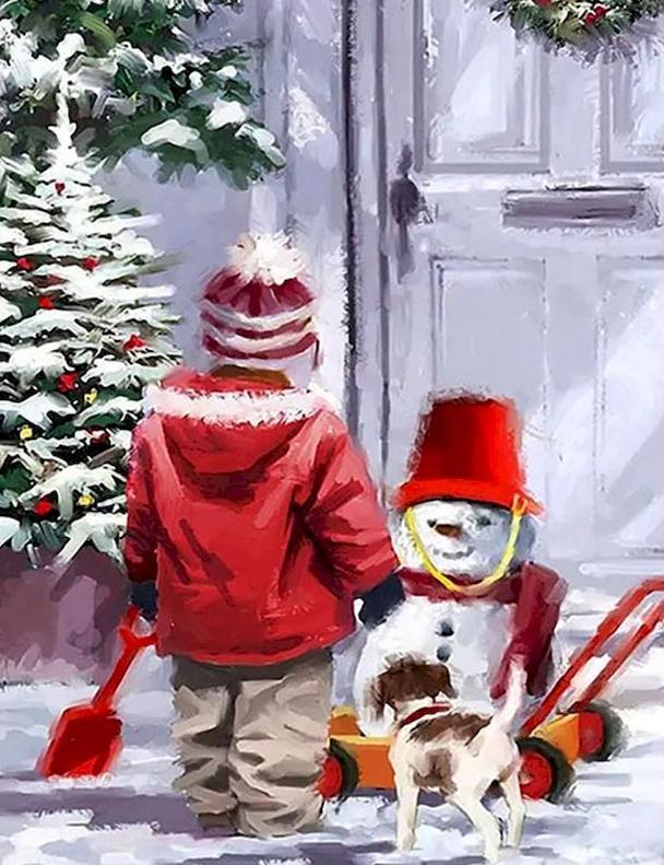 Niño y Perrito Mirando Muñeco de Nieve Pintar por Números