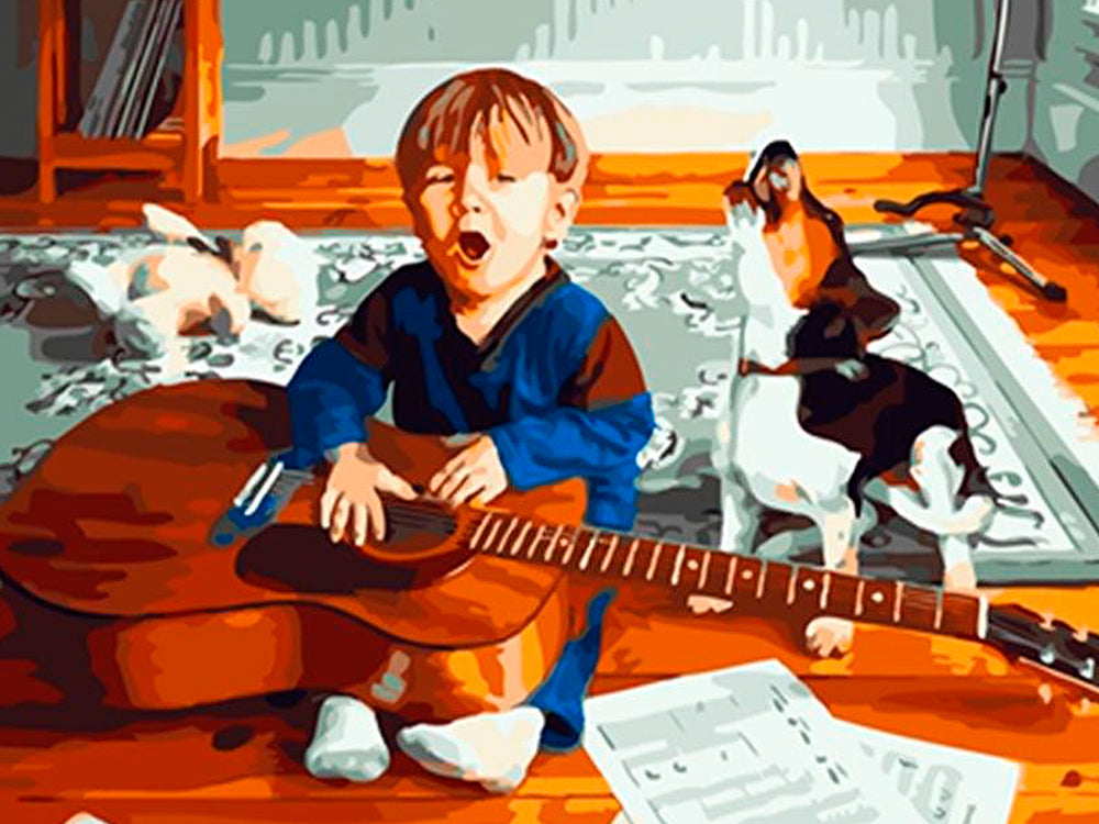 Niño y Perrito y Guitarra Pintar por Números Niños