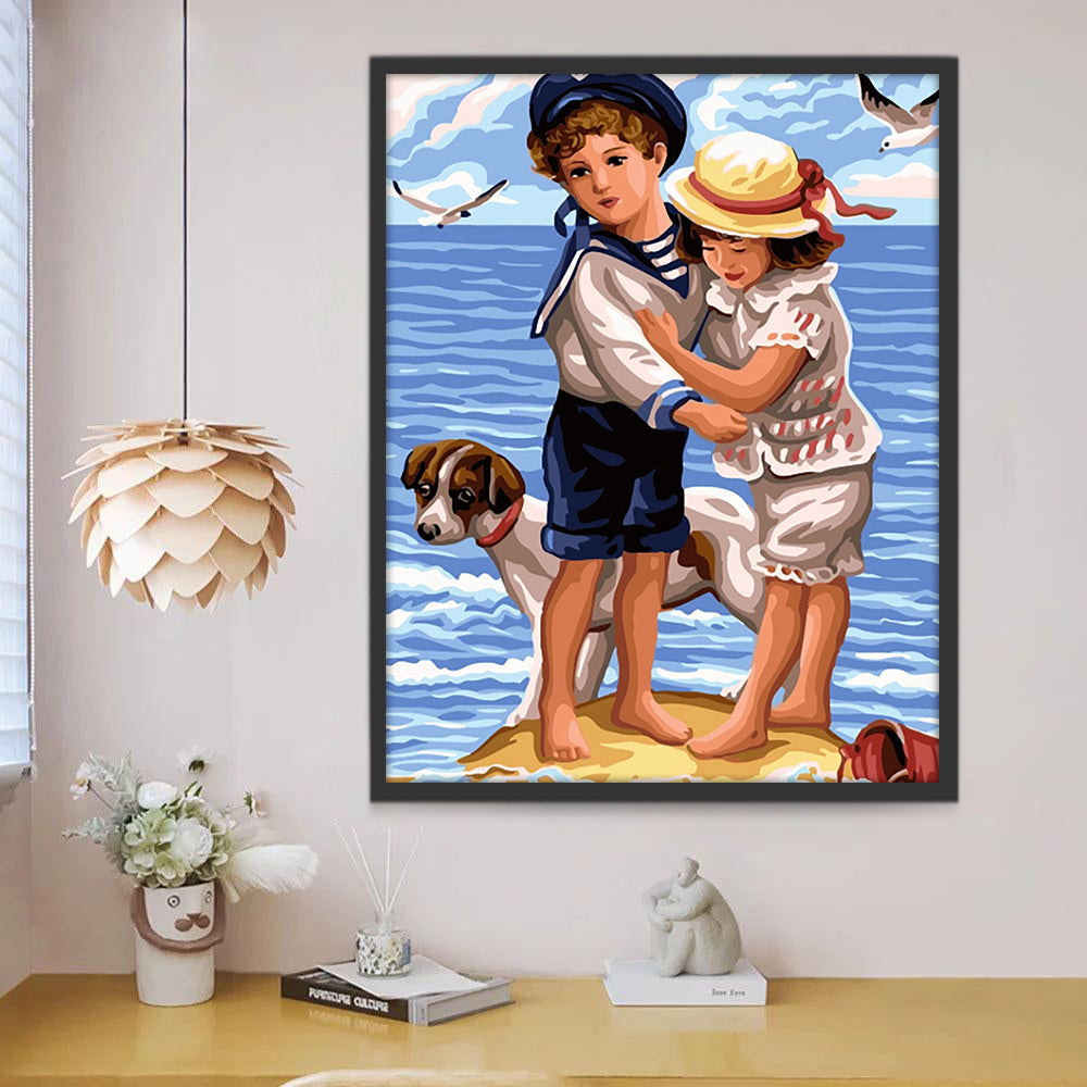 Niños y Perro al Lado de Mar Pintar por Números Niños