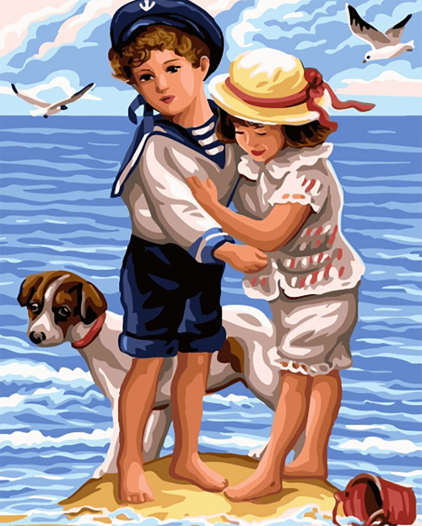 Niños y Perro al Lado de Mar Pintar por Números Niños