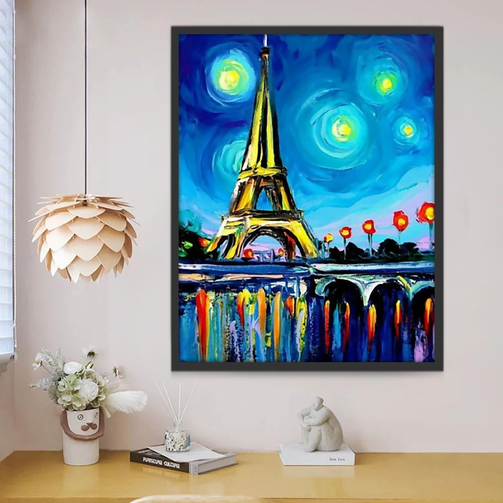 Noche Estrellada y Torre Eiffel Pintar por Números