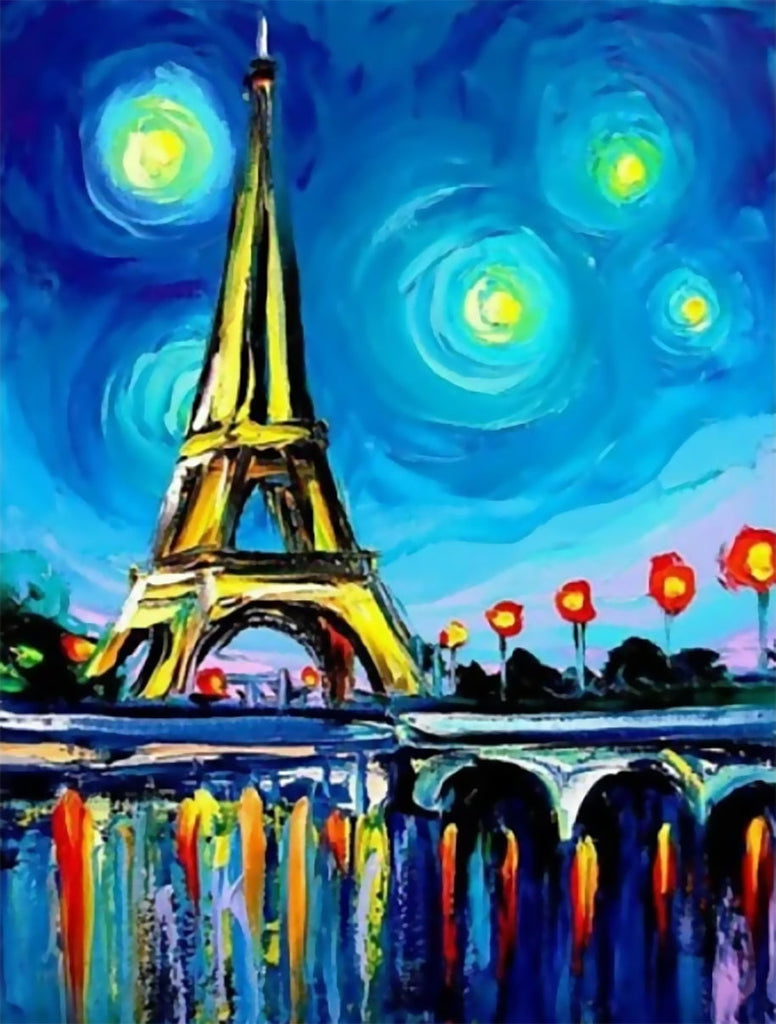 Noche Estrellada y Torre Eiffel Pintar por Números