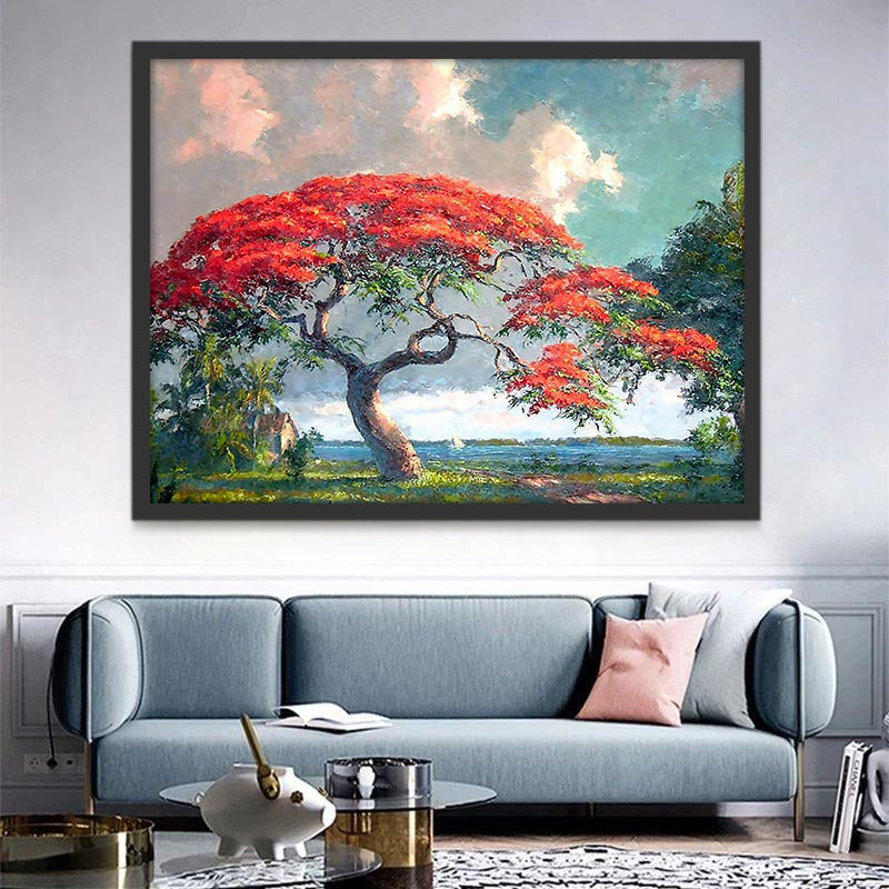 Nubes Blancas y Árbol de Hojas Rojas Pintar por Números