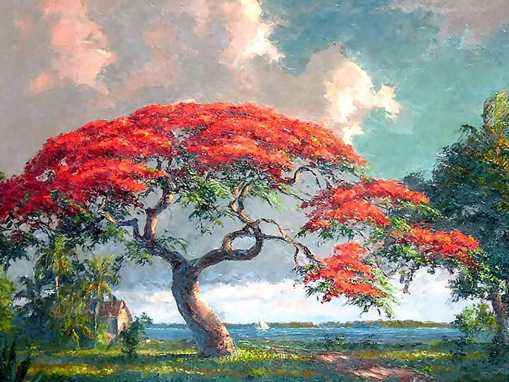 Nubes Blancas y Árbol de Hojas Rojas Pintar por Números