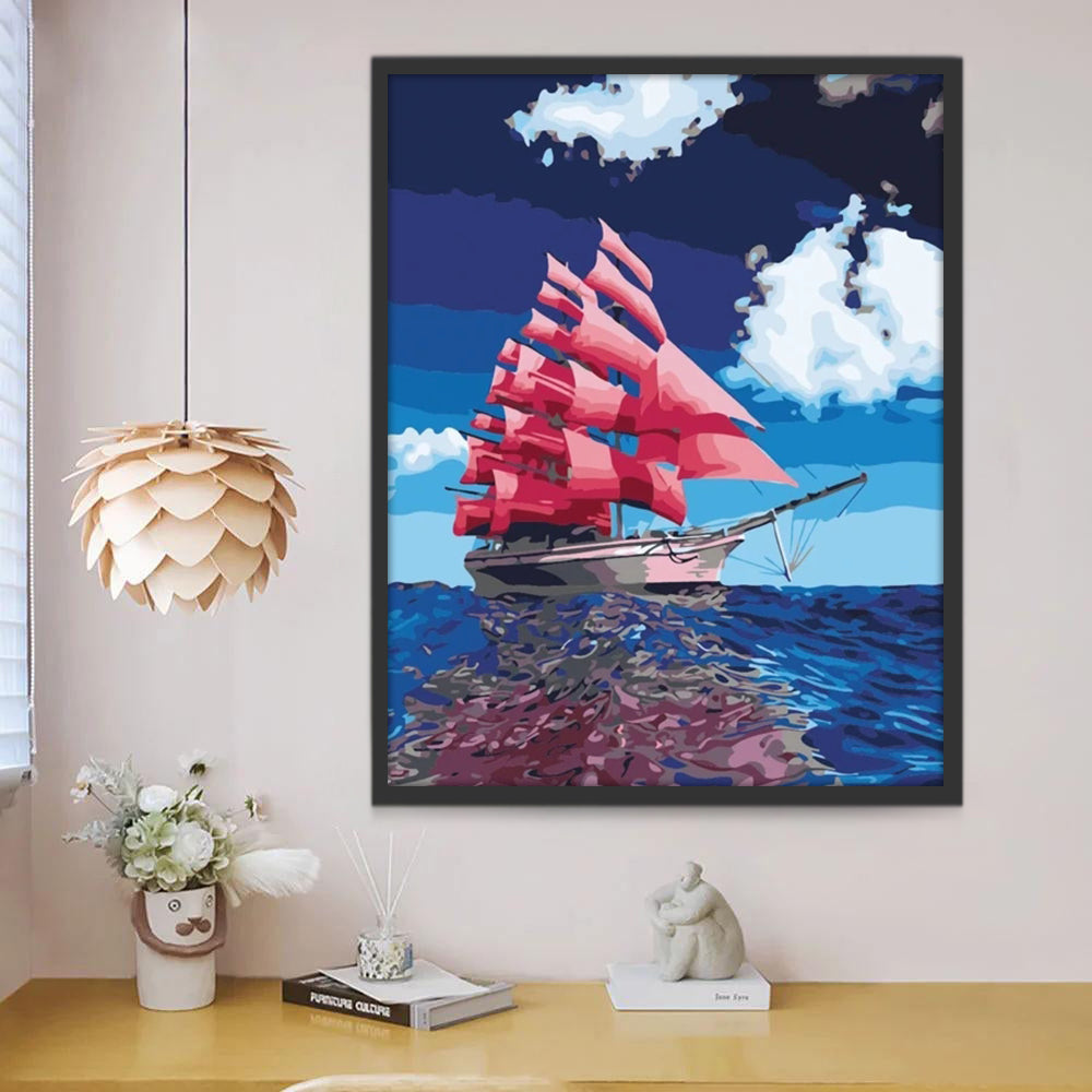 Nubes Blancas y Barco de Velas Rojas Pintar por Números