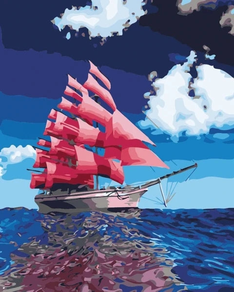Nubes Blancas y Barco de Velas Rojas Pintar por Números