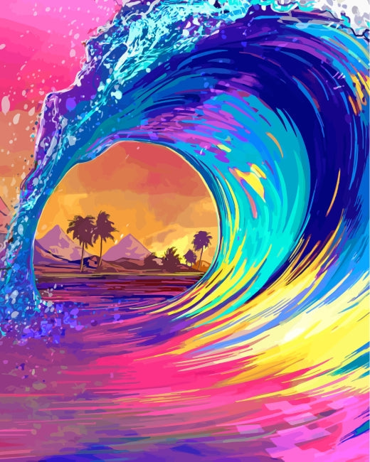 Olas Coloridas con Palmeras Pintar por Números