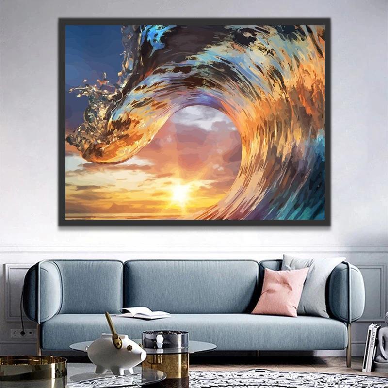 Olas Marinas de Cerca y Puesta del Sol Pintar por Números