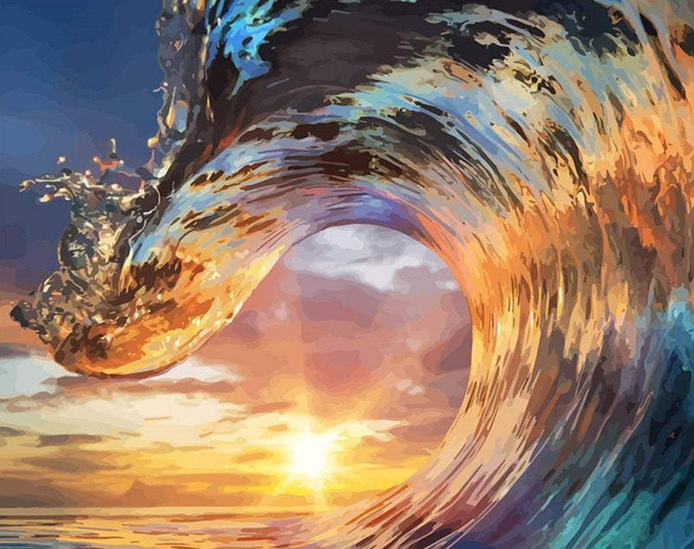 Olas Marinas de Cerca y Puesta del Sol Pintar por Números