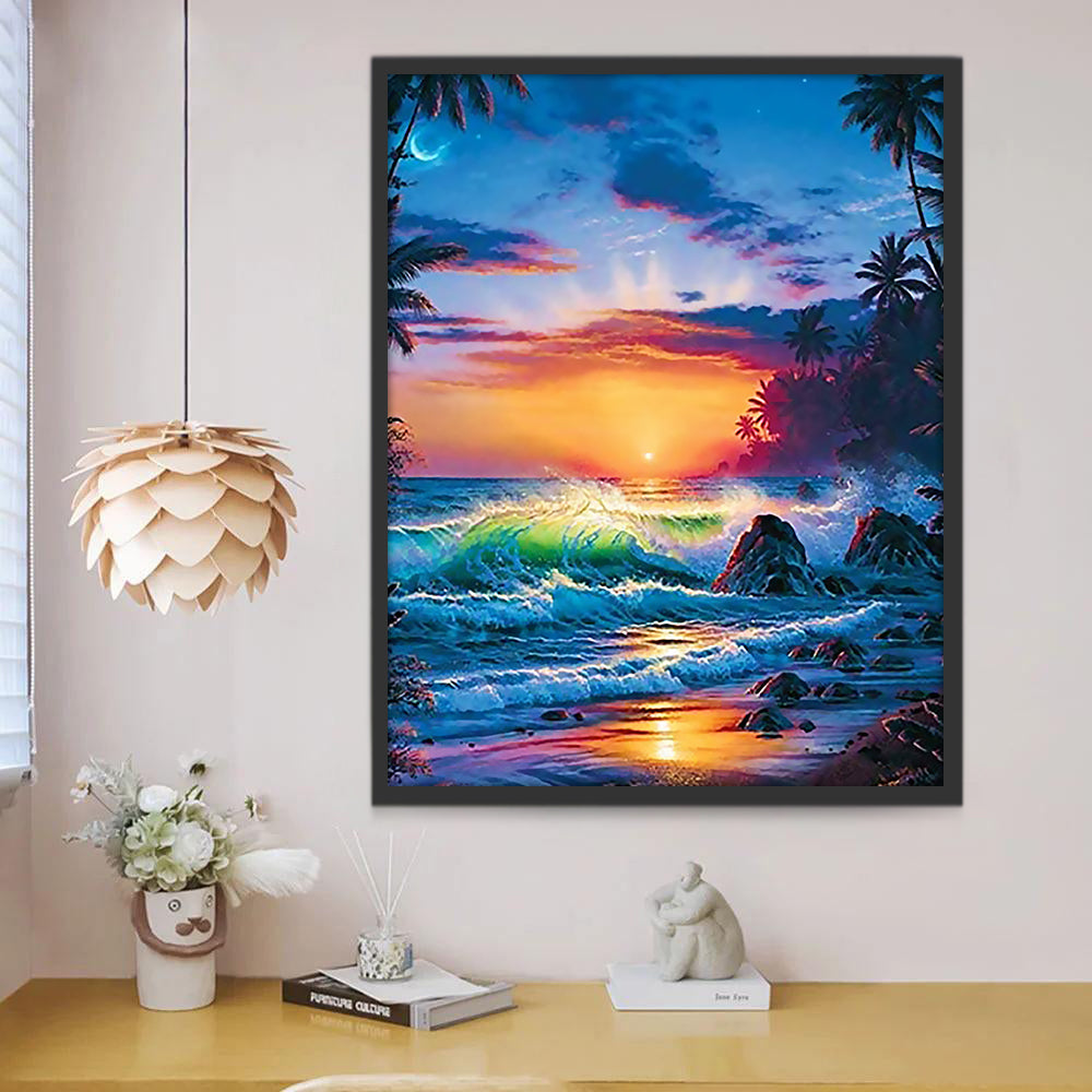 Olas Marinas y las Palmeras al Atardecer Pintar por Números