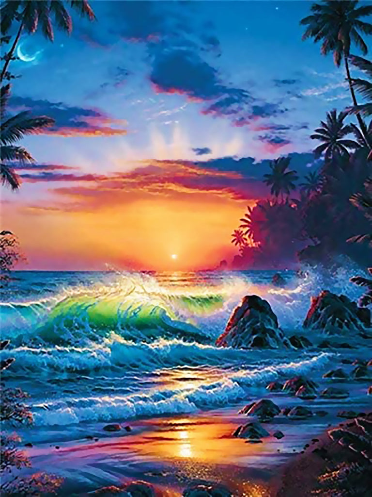 Olas Marinas y las Palmeras al Atardecer Pintar por Números