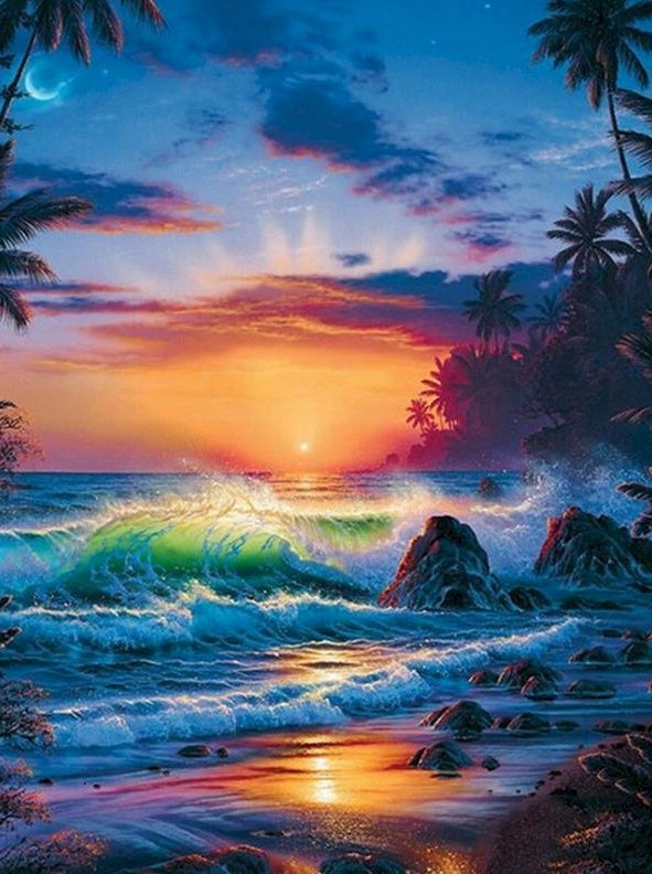 Olas Marinas y Rocas al Atardecer Pintar por Números