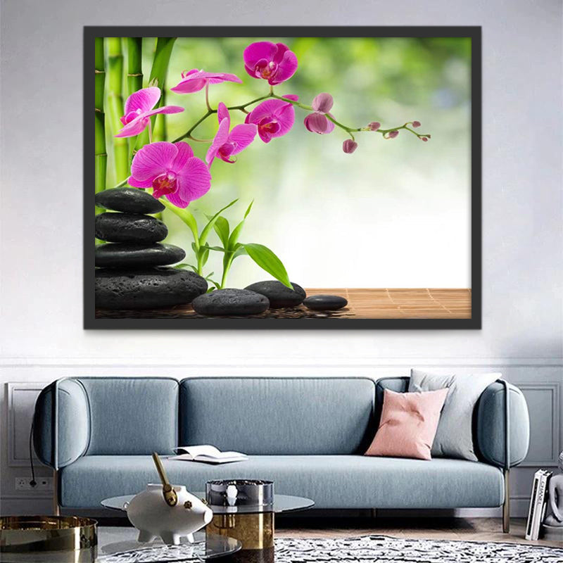 Orquídea Morada y Guijarros Negros y Bambú Pintar por Números