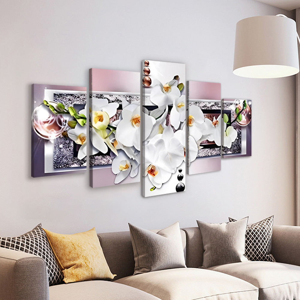 Orquídeas Blancas con Fondo de Pared de Mármol 5 Partes Pintar por Números