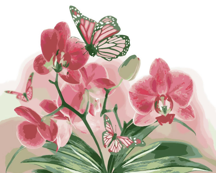 Orquídeas de Color Rosado Oscuro y Mariposas Pintar por Números