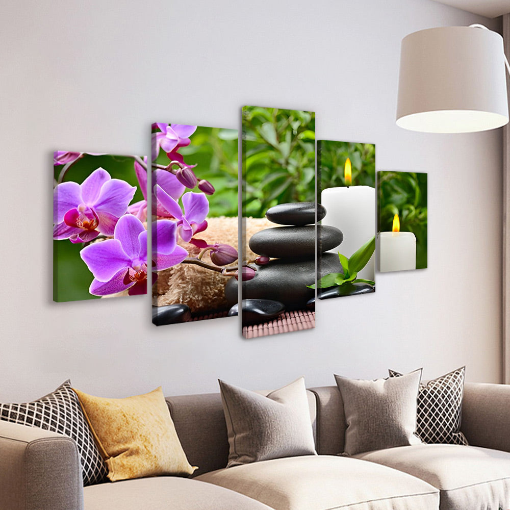 Orquídeas Moradas y Guijarros Negros y Candelas 5 Partes Pintar por Números