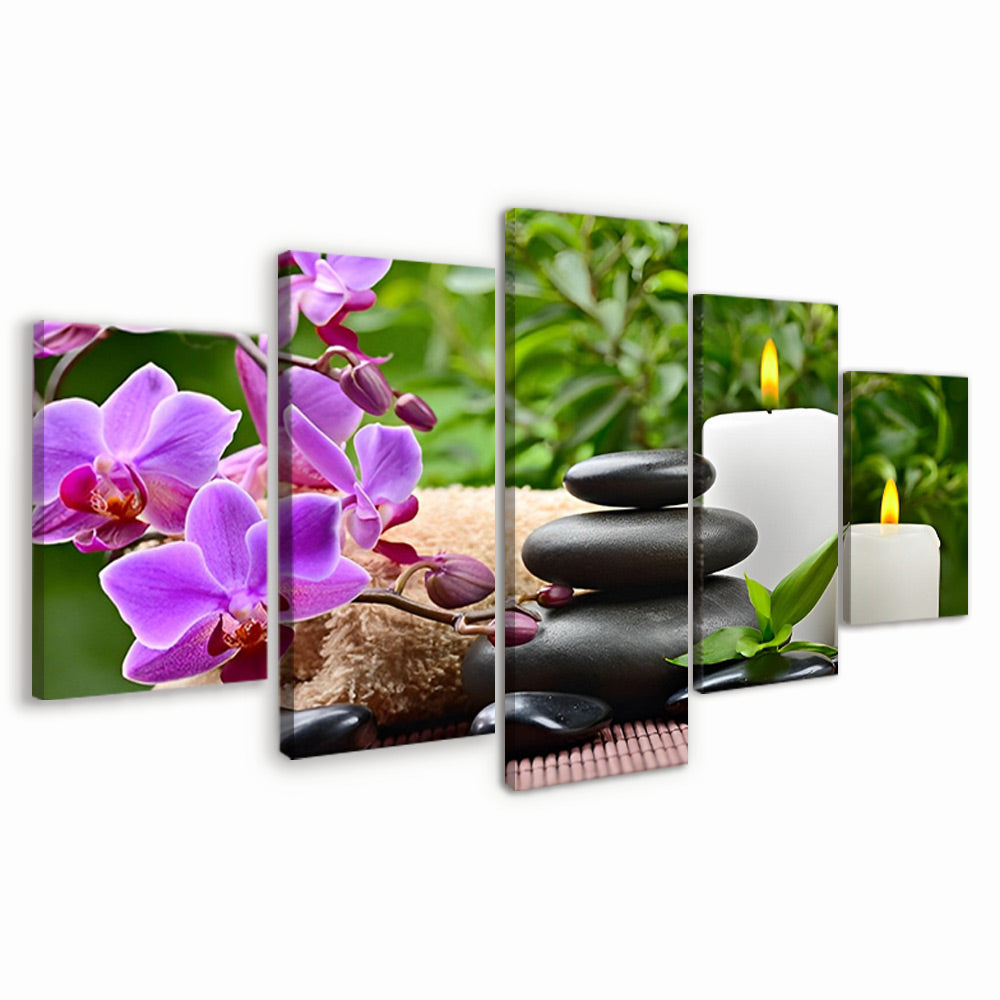 Orquídeas Moradas y Guijarros Negros y Candelas 5 Partes Pintar por Números