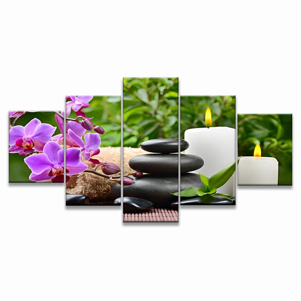 Orquídeas Moradas y Guijarros Negros y Candelas 5 Partes Pintar por Números