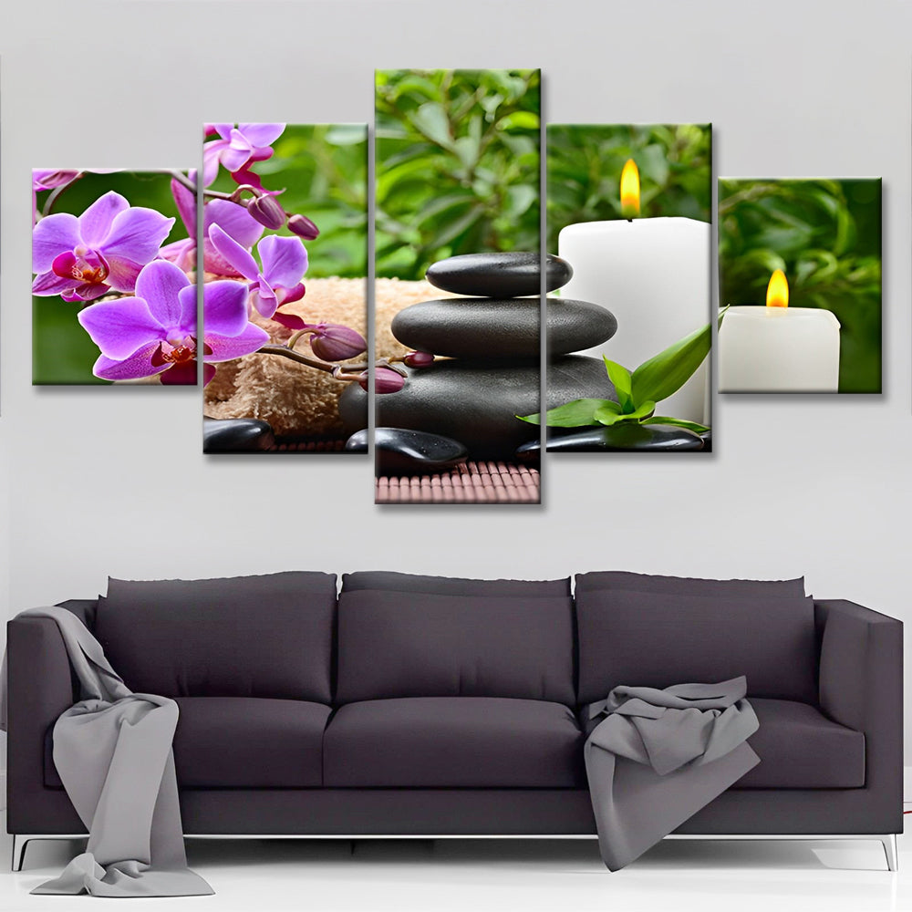 Orquídeas Moradas y Guijarros Negros y Candelas 5 Partes Pintar por Números