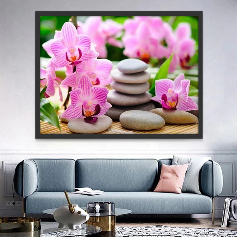 Orquídeas Moradas y Guijarros Redondos Pintar por Números