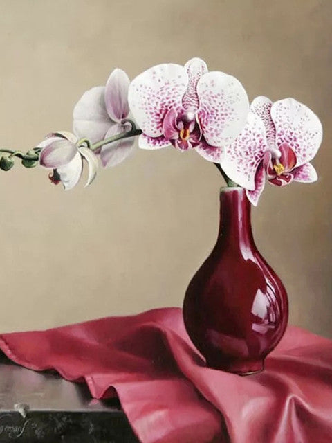 Orquídeas Rosadas en Florero Morado Oscuro Pintar por Números
