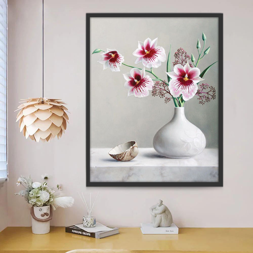 Orquídeas Rosadas y Florero Blanco y Concha de Mar Pintar por Números