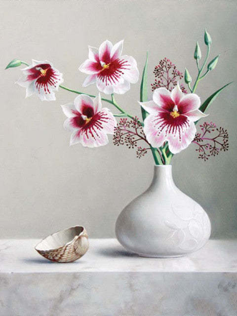 Orquídeas Rosadas y Florero Blanco y Concha de Mar Pintar por Números