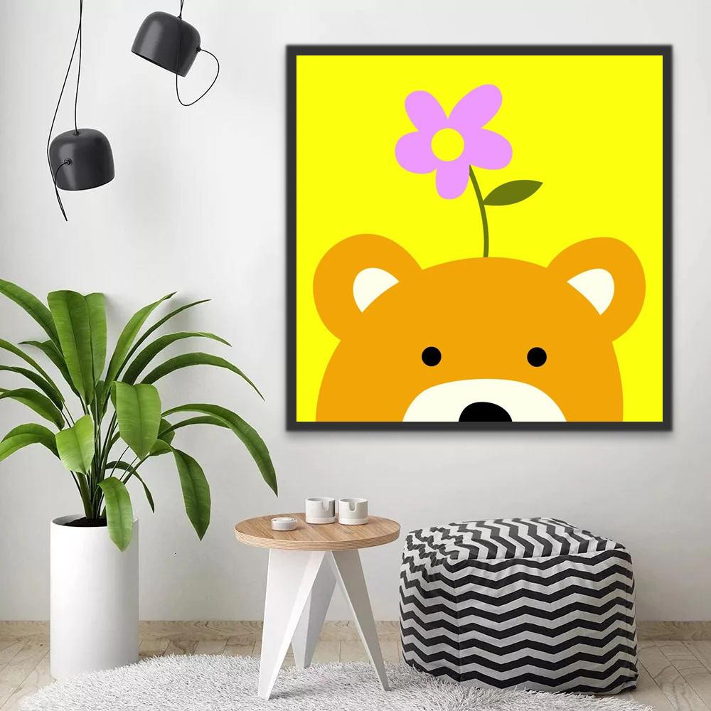 Oso con Flor Morada sobre Su Cabeza Pintar por Números Niños