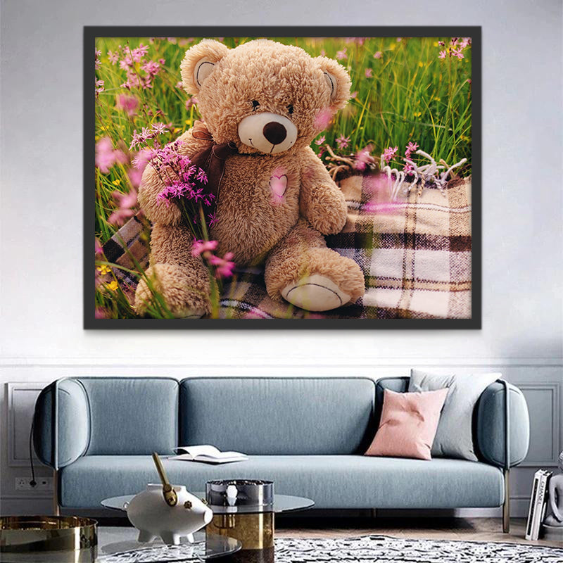 Oso de Peluche sobre Bufanda y las Flores Rosadas Pintar por Números
