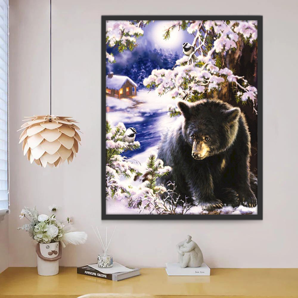 Oso Negro Bajo Árbol Floral en el Invierno Pintar por Números