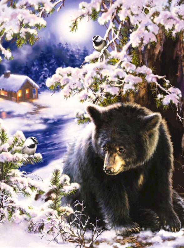 Oso Negro Bajo Árbol Floral en el Invierno Pintar por Números