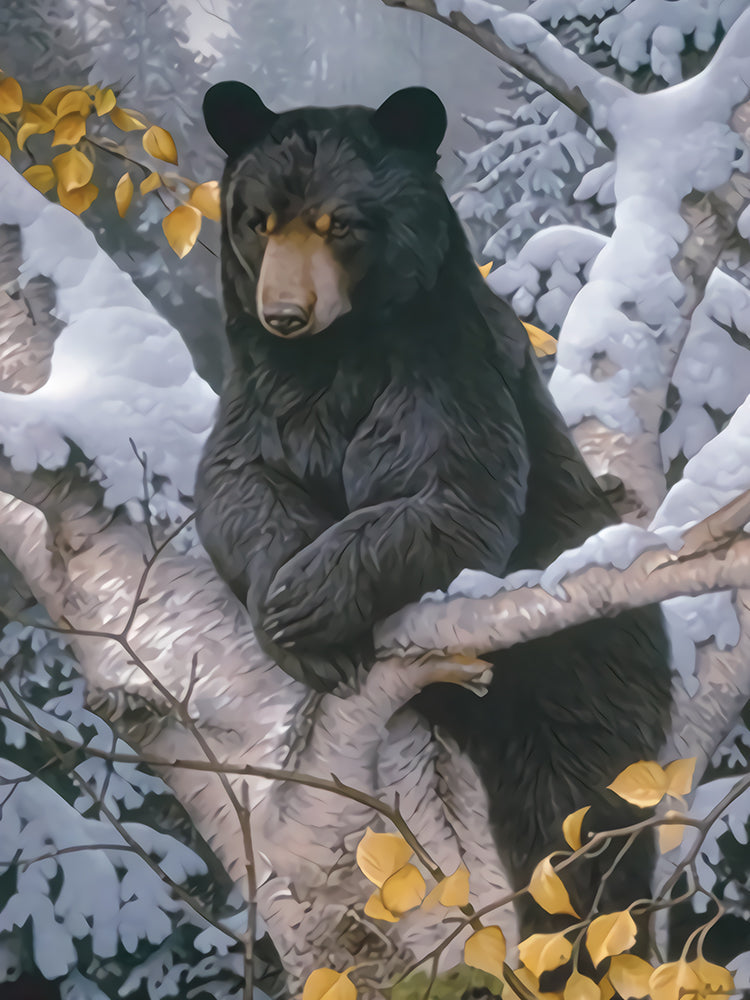 Oso Negro de Pie entre Troncos de Árboles Invernales Pintar por Números
