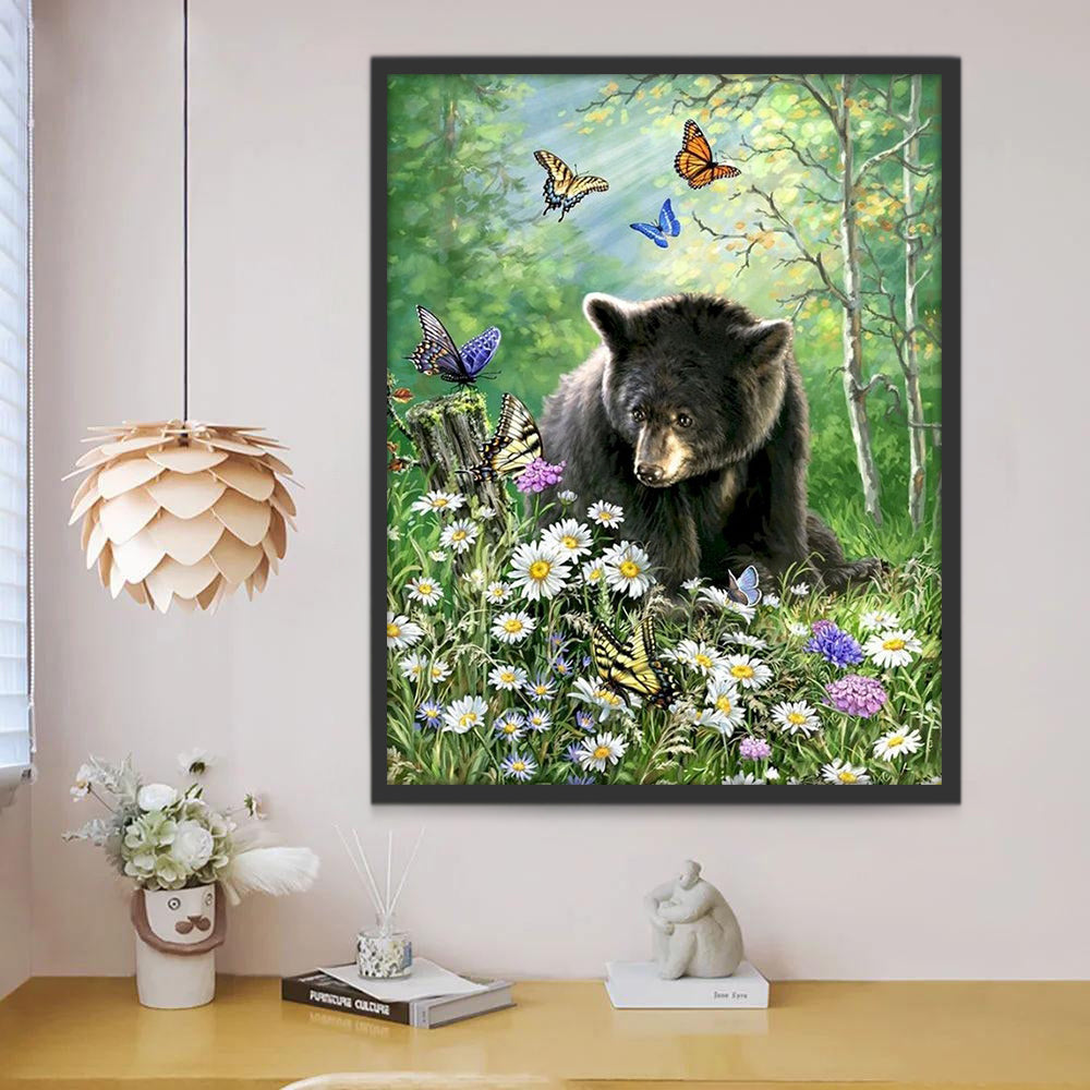 Oso Negro Pequeño Rodeado de Mariposas Pintar por Números