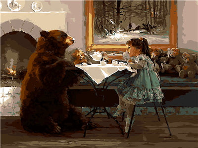Oso Negro y Niña al Lado de Mesa de Comedor Pintar por Números