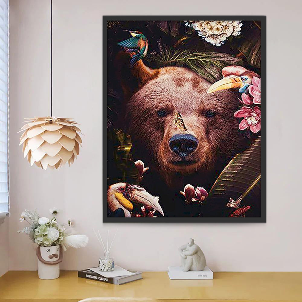 Oso Pardo entre Flores y Hojas y Pájaros Pintar por Números