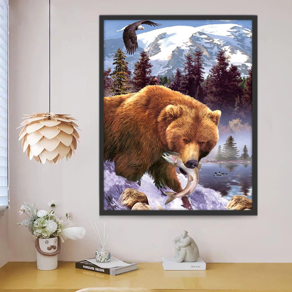 Oso Pardo Pescando con Fondo de Montaña Nevada Pintar por Números