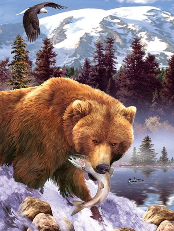 Oso Pardo Pescando con Fondo de Montaña Nevada Pintar por Números